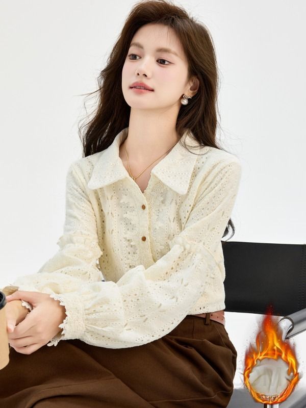 여성 페미닌 기모 레이스 펀칭 셔츠 루즈핏 롱슬리브 카라 블라우스 따뜻한 겨울 데일리룩 오피스룩 출근룩 하객룩 - 상세 이미지 2