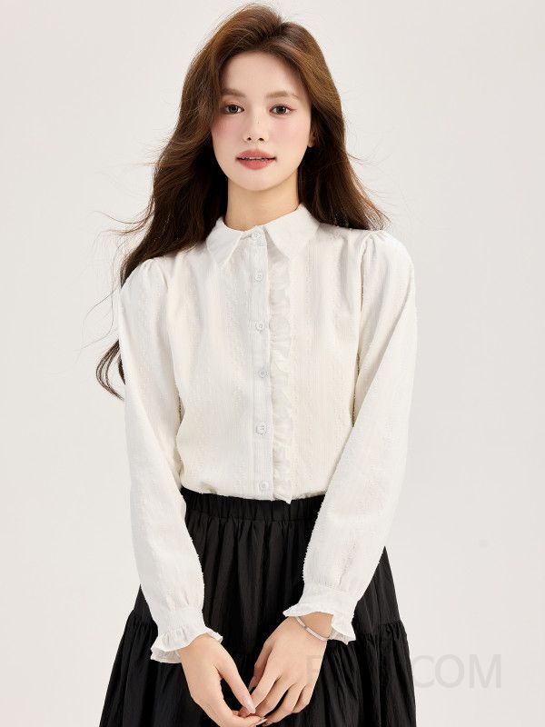 여성 따뜻한 기모 안감 여유로운핏 프릴 셔링 카라 긴팔 블라우스 오피스룩 데일리 세미정장 이너 셔츠 코디 - 상세 이미지 4