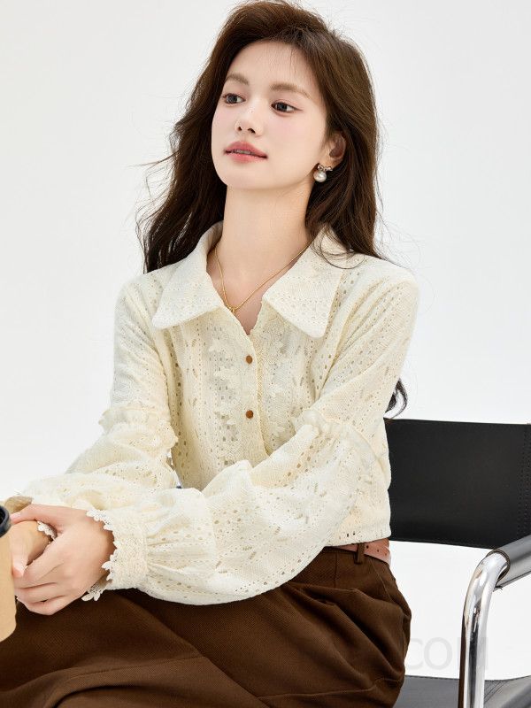 여성 페미닌 기모 레이스 펀칭 셔츠 루즈핏 롱슬리브 카라 블라우스 따뜻한 겨울 데일리룩 오피스룩 출근룩 하객룩 - 상세 이미지 3