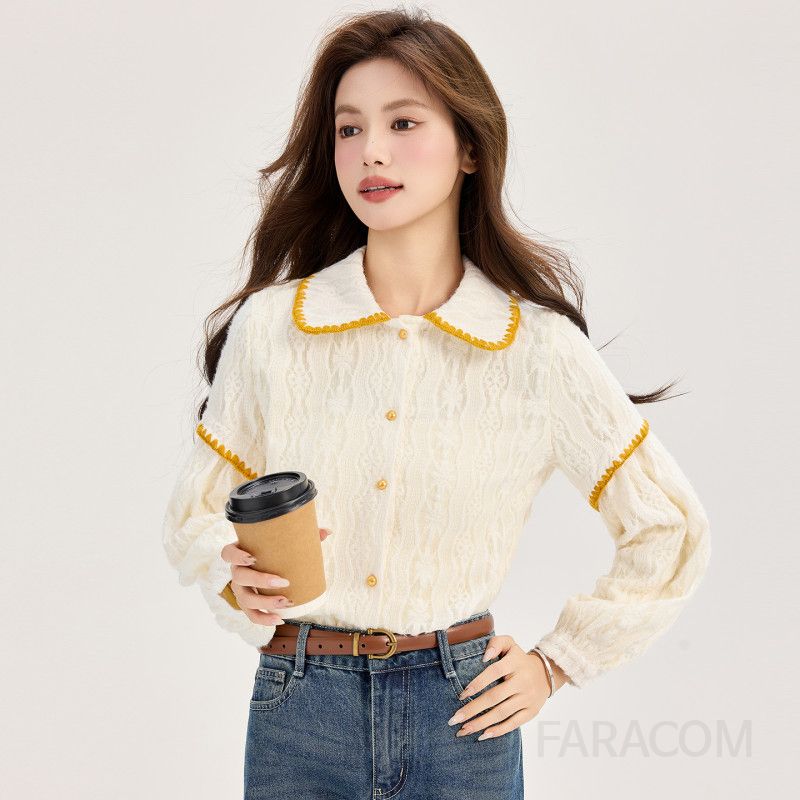 여성 페미닌 무드 기모 레이스 텍스처 펀칭 배색 카라 긴팔 셔츠 블라우스 데일리 오피스룩 출근룩 하객룩 레이어드 스타일 상의 - 상품 이미지