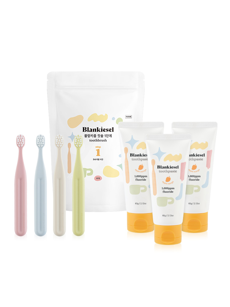 블랑키즐 1단계 실속세트(애플망고향 치약 3EA+1단계 먼슬리 실속팩(12p)) - 상품 이미지