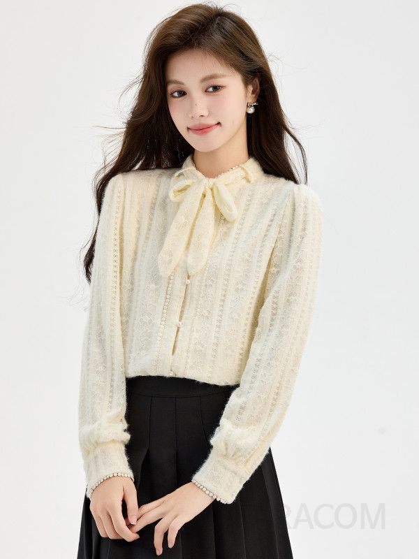 여성 페미닌 러블리 따뜻한 기모 레이스 리본 타이 진주 버튼 퍼프 소매 블라우스 오피스룩 하객룩 정장 이너 - 상세 이미지 5