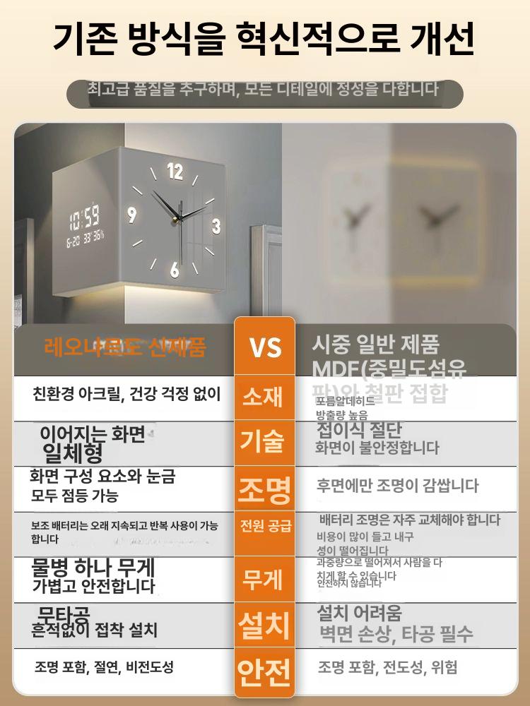 코너 양면시계 led 모서리 벽시계 인테리어 디지털 장식 전자 크림화이트 센서 스위치 충전식 보조배터리포함 12inch - 상세 이미지 2