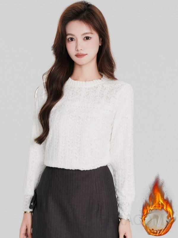 여성 페미닌 무드 루즈핏 기모 레이스 꽈배기 라운드넥 긴팔 티셔츠 블라우스 오피스룩 하객룩 - 상세 이미지 2
