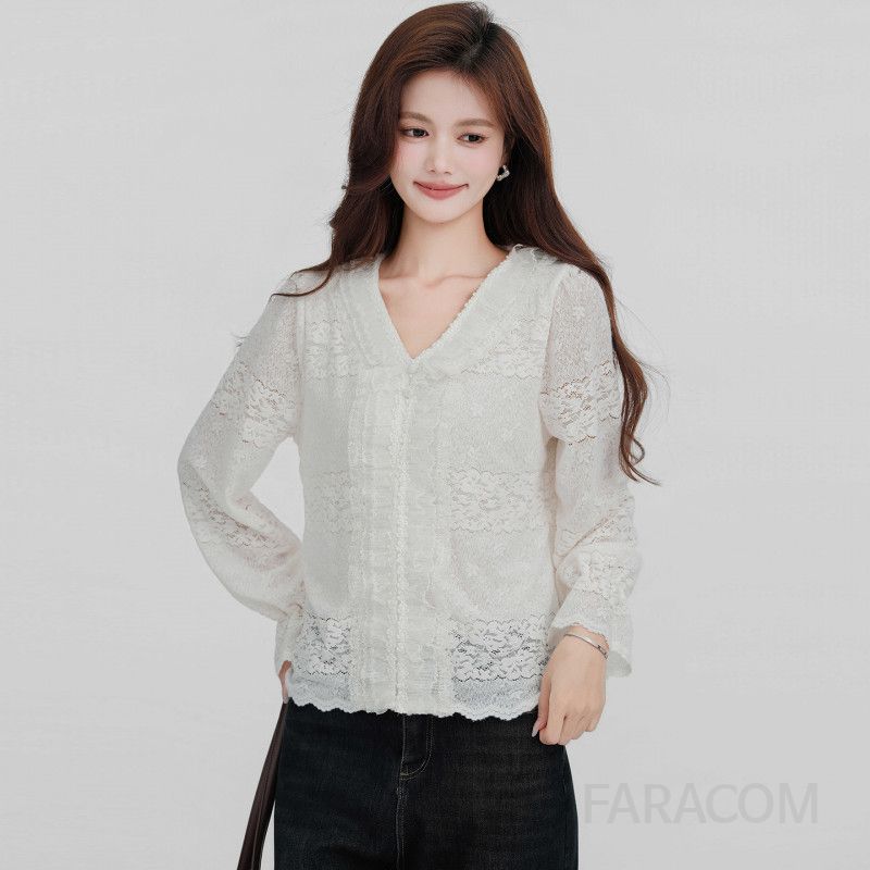 여성 페미닌 무드 기모 안감 레이스 프릴 디테일 브이넥 루즈핏 롱슬리브 셔츠 블라우스 - 상품 이미지