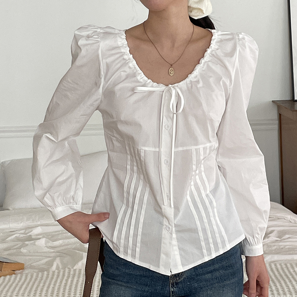 스퀘어넥 셔링 오프숄더 반팔 블라우스 코튼 크롭 퍼프 소매 여성 봄 블라우스 화이트 블랙 - 상세 이미지 3
