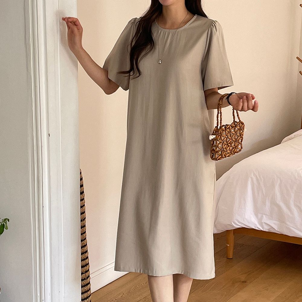 캐주얼 면 루즈핏 셔링 소매 맥시 반팔 롱 원피스 여름 원피스 여성 H라인 데일리룩 이미지 8
