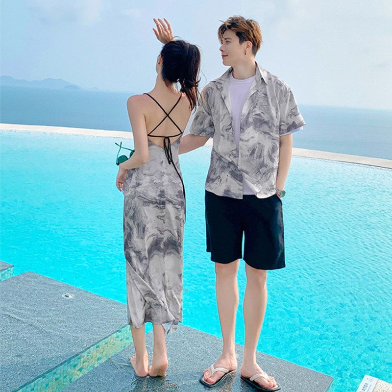 휴양지 커플 룩 반팔 나시 쉬폰 커플룩 빅사이즈 동남아 롱 셔츠 여성 남성 - 상세 이미지 2