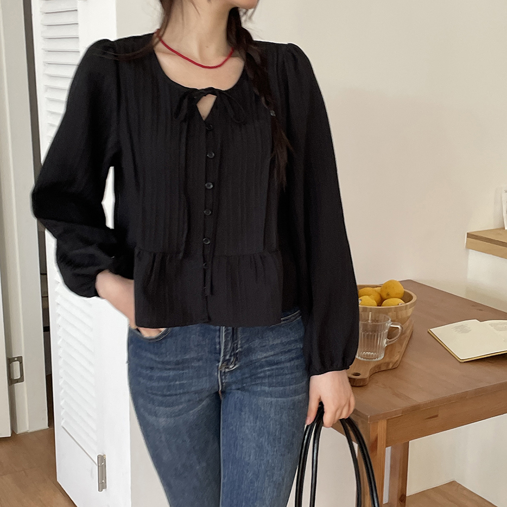 시원한 플리츠 주름 링클프리 라운드 여성 반팔 블라우스 노카라 여자 여름 블라우스 이미지 6