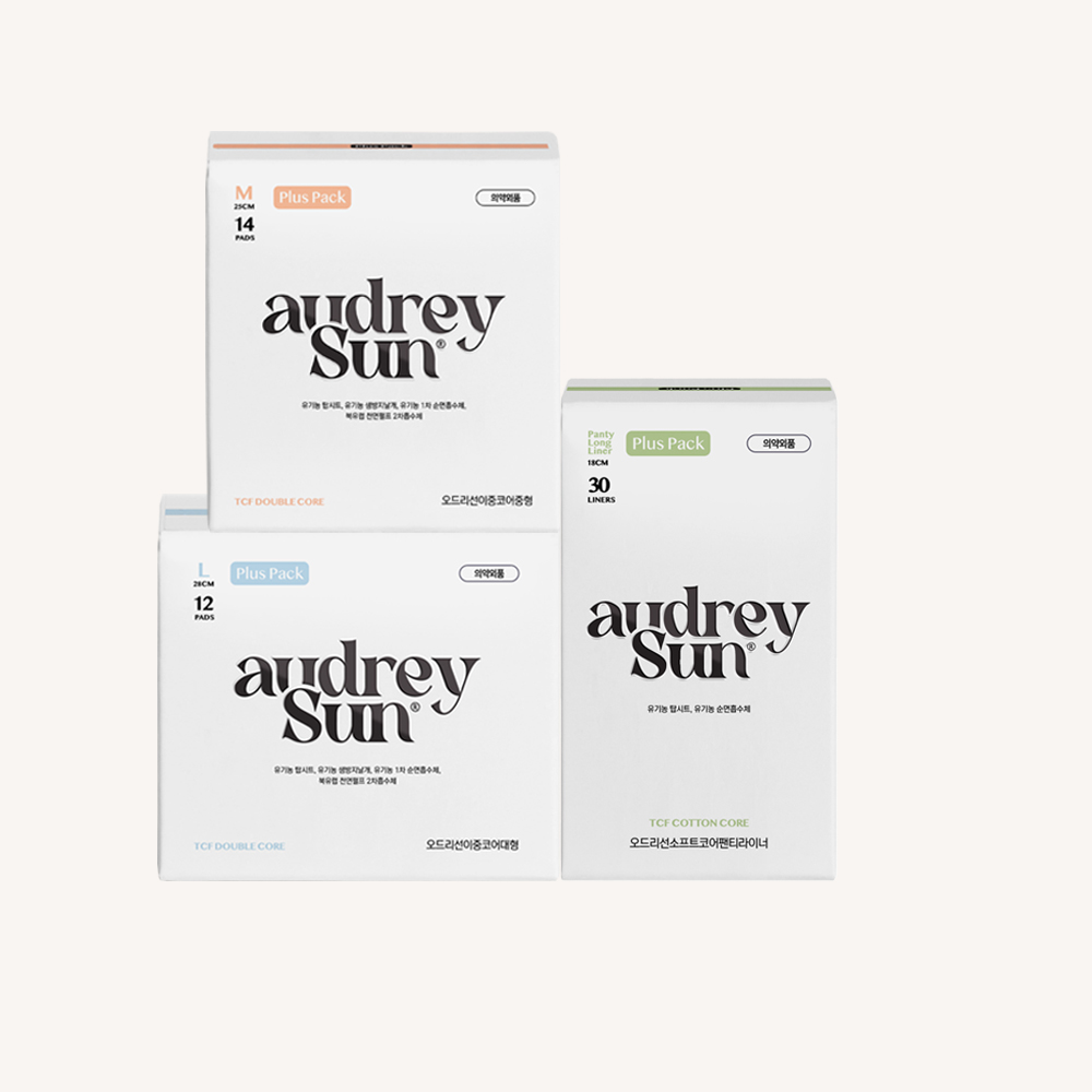 오드리선 더블코어 유기농 순면 생리대 TCF 비건 체험팩세트(중형 대형 라이너) 제품 이미지