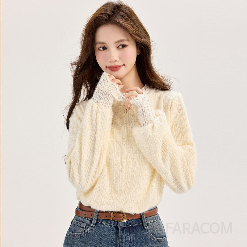 여성 데일리 무드 기모 꽈배기 라운드넥 진주 레이스 커프스 긴팔 니트 티셔츠 오피스룩 직장인룩 하객룩 포근한 - 상품 이미지