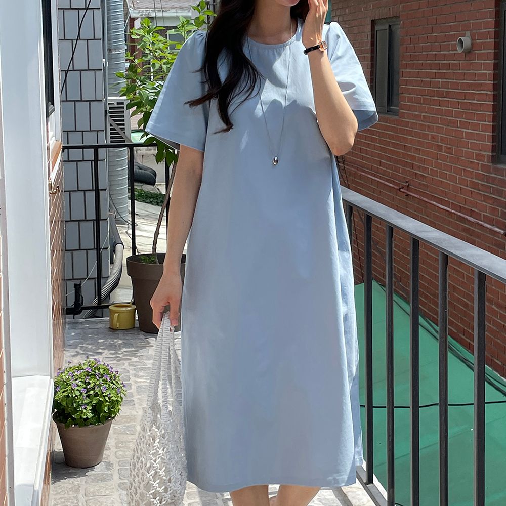 캐주얼 면 루즈핏 셔링 소매 맥시 반팔 롱 원피스 여름 원피스 여성 H라인 데일리룩 - 상품 이미지