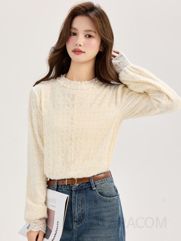 여성 데일리 무드 기모 꽈배기 라운드넥 진주 레이스 커프스 긴팔 니트 티셔츠 오피스룩 직장인룩 하객룩 포근한 - 상세 이미지 4