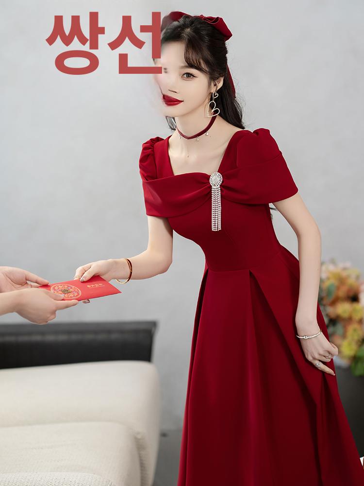 결혼식 원피스 스몰웨딩 촬영용 피로연 드레스 셀프웨딩 와인레드 미디 s - 상세 이미지 2