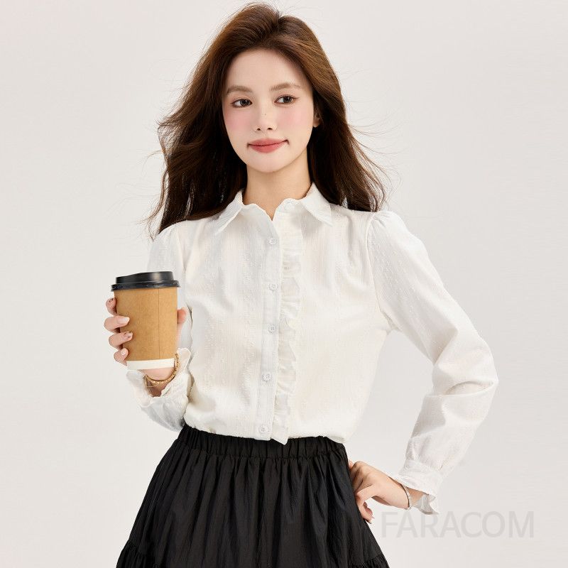 여성 따뜻한 기모 안감 여유로운핏 프릴 셔링 카라 긴팔 블라우스 오피스룩 데일리 세미정장 이너 셔츠 코디 - 상품 이미지