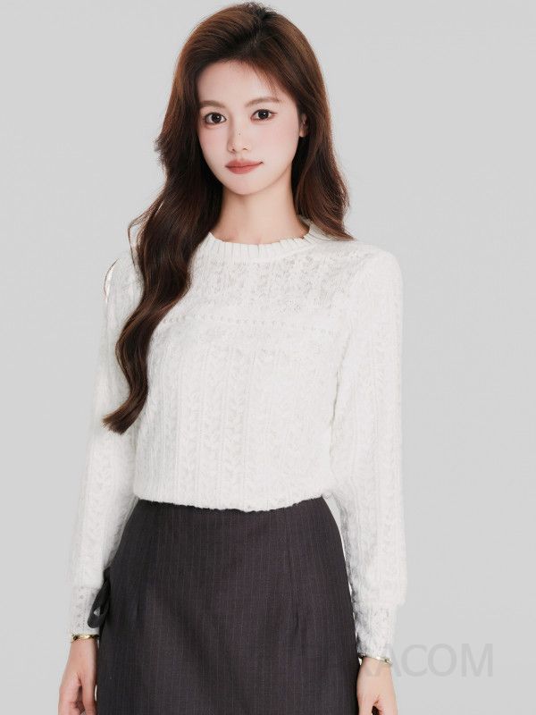 여성 페미닌 무드 루즈핏 기모 레이스 꽈배기 라운드넥 긴팔 티셔츠 블라우스 오피스룩 하객룩 - 상세 이미지 3