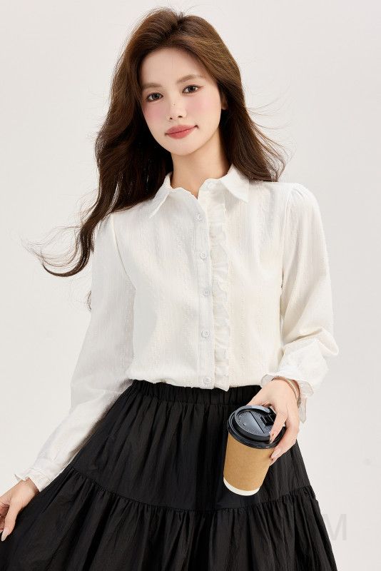 여성 따뜻한 기모 안감 여유로운핏 프릴 셔링 카라 긴팔 블라우스 오피스룩 데일리 세미정장 이너 셔츠 코디 이미지 6