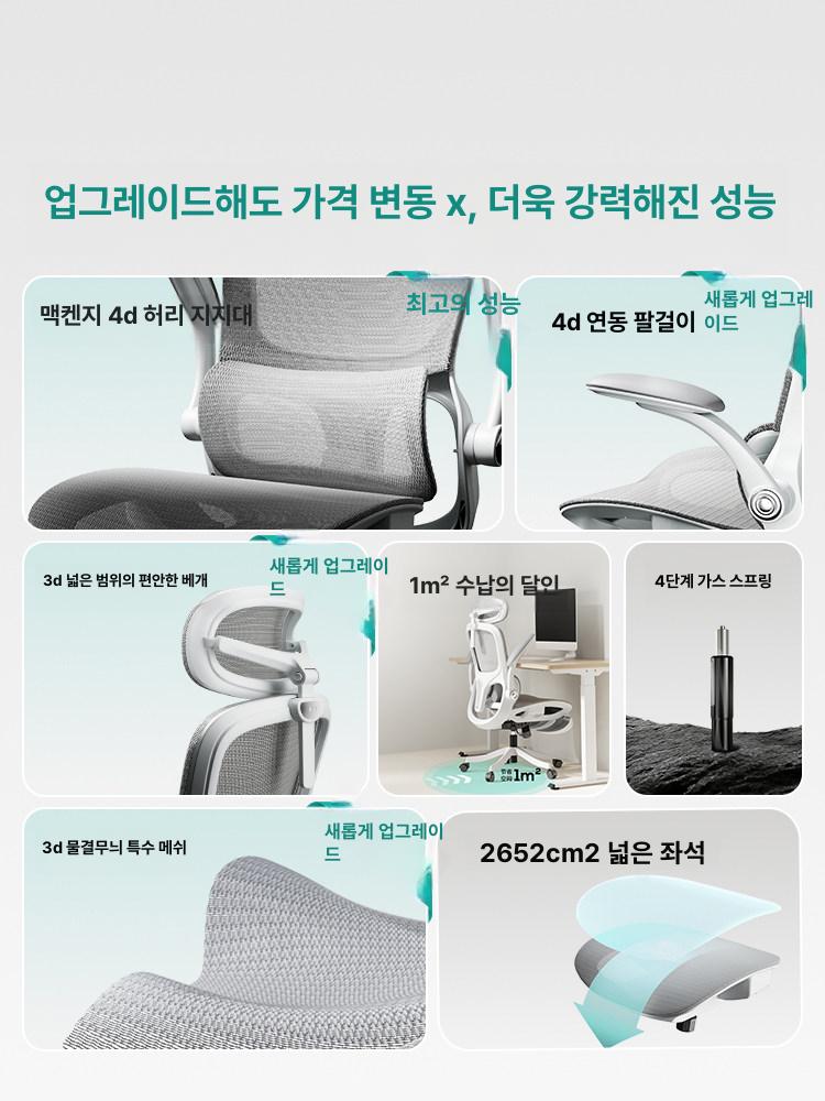 인체공학 컴퓨터 의자 게이밍 체어 사무용 4D요추지지대 프로 맥켄지4D요추지지대3D목베개웨이브메시 A 고하중 5발 받침대 조절 가능한 팔걸이 - 상세 이미지 2