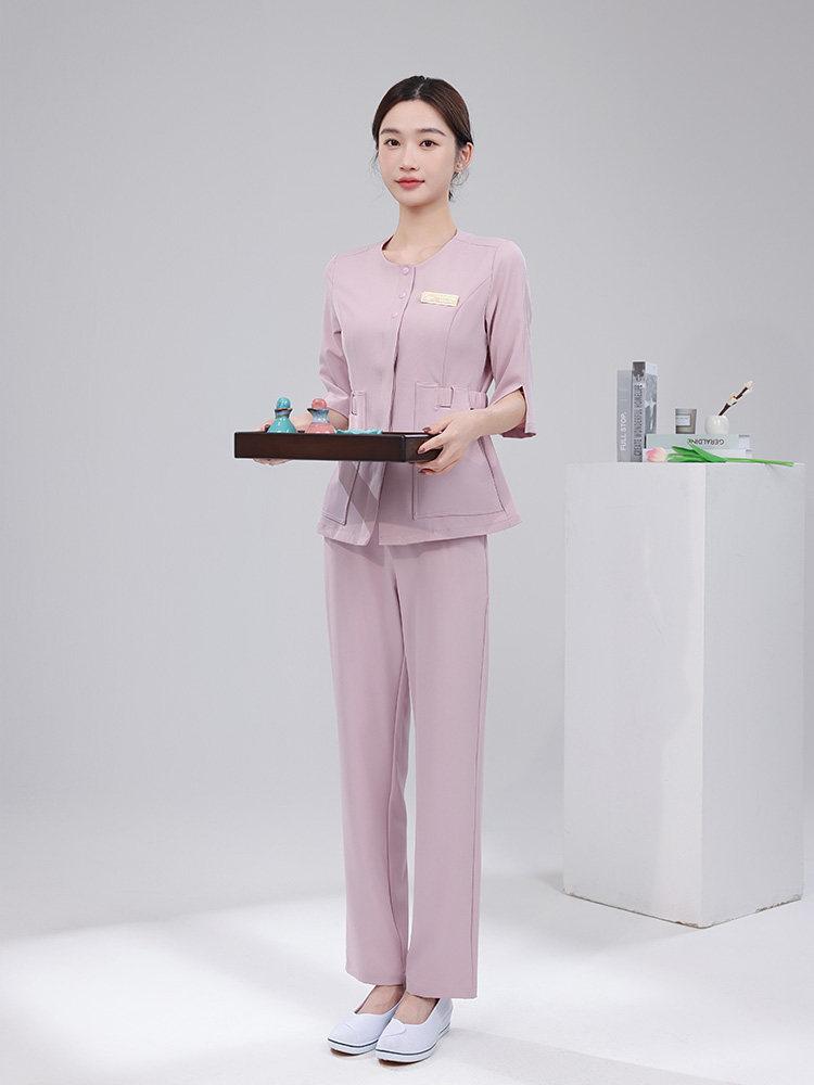 마사지사유니폼 피부관리사 뷰티샵 스파 근무복 핑크 3 4 소매 상의 + 핑크 바지 s - 상세 이미지 3