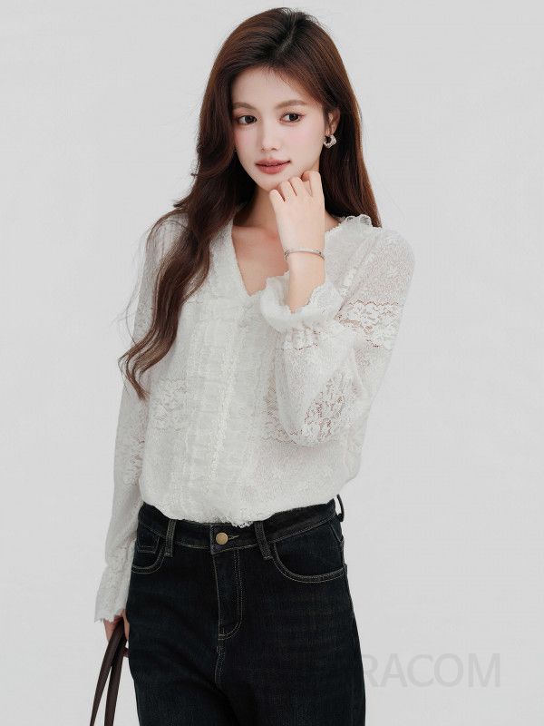 여성 페미닌 무드 기모 안감 레이스 프릴 디테일 브이넥 루즈핏 롱슬리브 셔츠 블라우스 - 상세 이미지 5