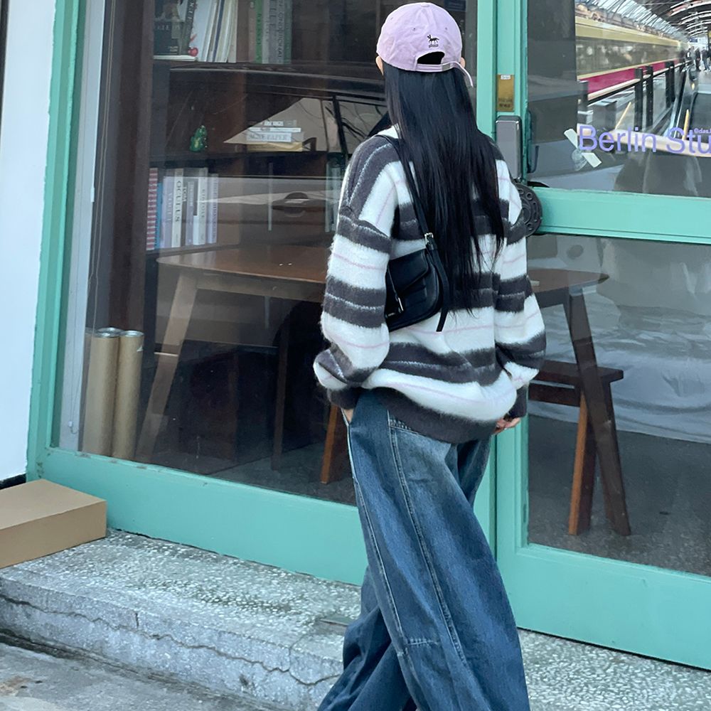 부드러운 스트라이프 배색 가을 루즈핏 롱 단가라 긴팔 카라 니트 이미지 8