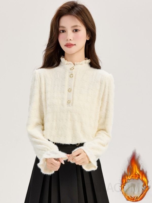 여성 페미닌 기모 안감 스트레이트핏 프릴넥 진주버튼 레이스 텍스처 긴팔 블라우스 오피스룩 하객룩 데일리 셔츠 - 상세 이미지 2