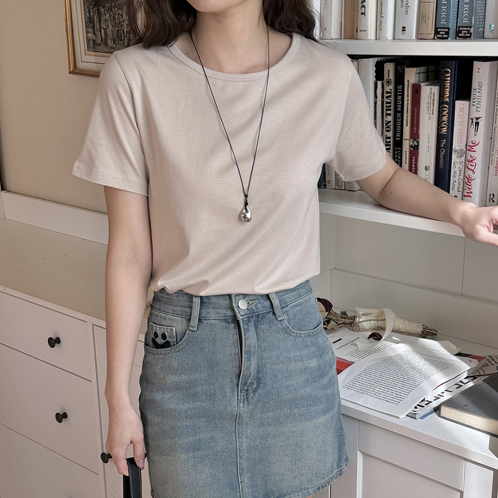 면 스판 여성코튼 라운드 레이어드 티셔츠 이너 모달 긴팔 기본 흰티 여자 반팔티 티셔츠 이미지 4