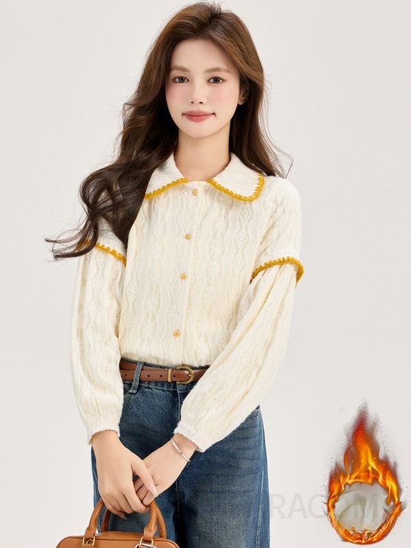 여성 페미닌 무드 기모 레이스 텍스처 펀칭 배색 카라 긴팔 셔츠 블라우스 데일리 오피스룩 출근룩 하객룩 레이어드 스타일 상의 - 상세 이미지 2