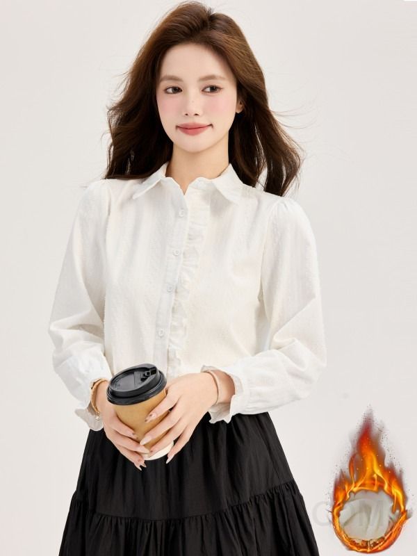 여성 따뜻한 기모 안감 여유로운핏 프릴 셔링 카라 긴팔 블라우스 오피스룩 데일리 세미정장 이너 셔츠 코디 - 상세 이미지 2