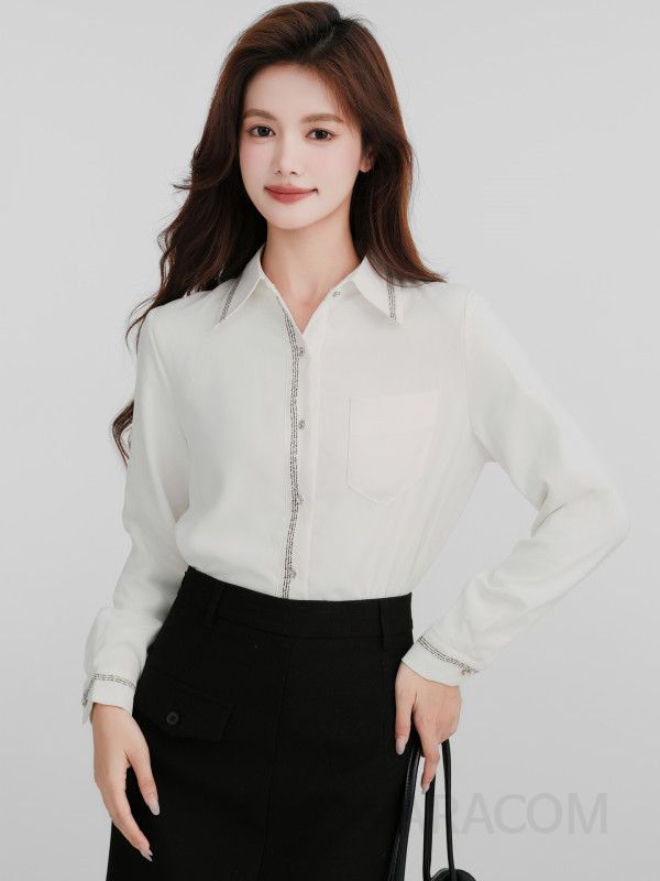 여성 오피스룩 따뜻한 기모 안감 배색 라인 포켓 스트레이트 셔츠 블라우스 - 상세 이미지 3