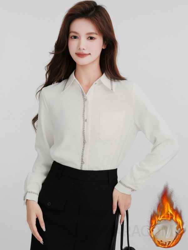 여성 오피스룩 따뜻한 기모 안감 배색 라인 포켓 스트레이트 셔츠 블라우스 - 상세 이미지 2