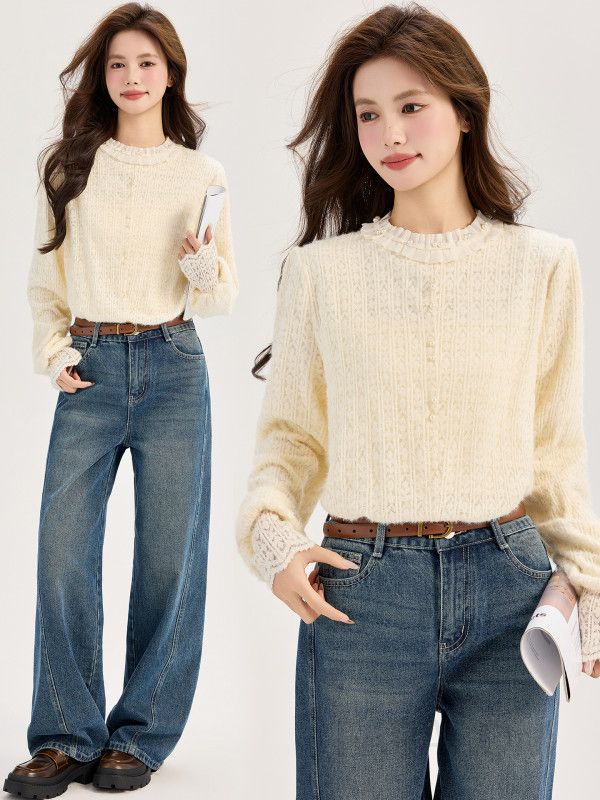 여성 데일리 무드 기모 꽈배기 라운드넥 진주 레이스 커프스 긴팔 니트 티셔츠 오피스룩 직장인룩 하객룩 포근한 - 상세 이미지 5