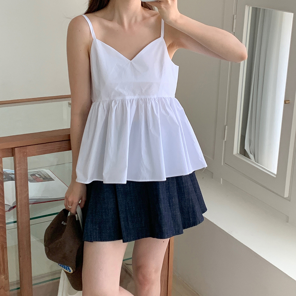 브이넥 레이어드 끈나시 셔링 블라우스 바스락 여름 블라우스 민소매블라우스 블랙 화이트 이미지 6