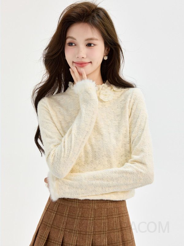 여성 페미닌 무드 기모 폴리에스터 하이넥 퍼커프스 레이스 블라우스 티셔츠 레이어드 데일리 이너 슬림핏 - 상세 이미지 4
