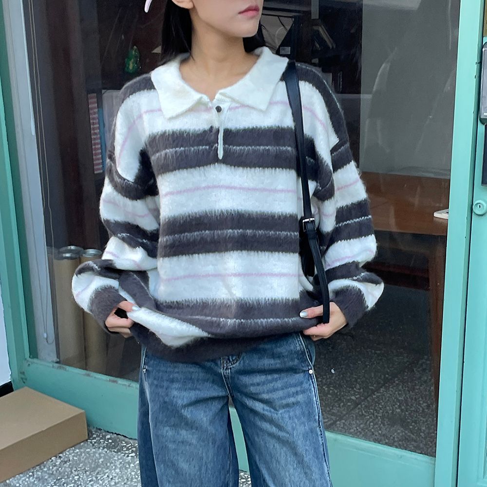 부드러운 스트라이프 배색 가을 루즈핏 롱 단가라 긴팔 카라 니트 이미지 6