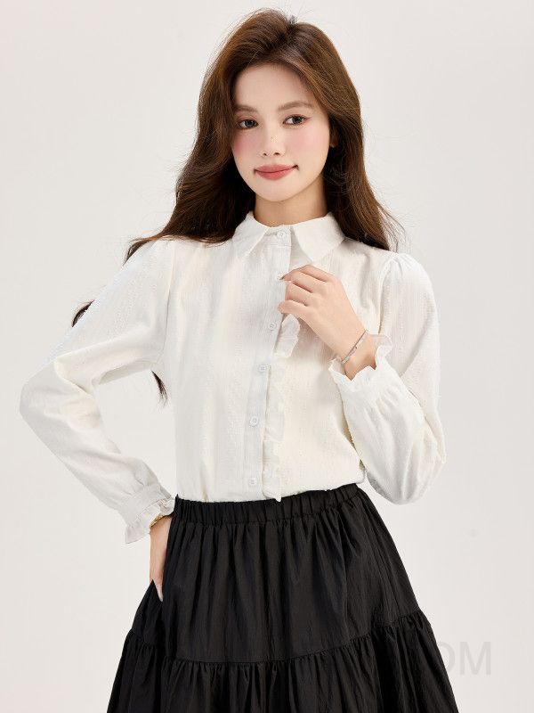 여성 따뜻한 기모 안감 여유로운핏 프릴 셔링 카라 긴팔 블라우스 오피스룩 데일리 세미정장 이너 셔츠 코디 - 상세 이미지 5
