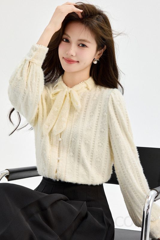 여성 페미닌 러블리 따뜻한 기모 레이스 리본 타이 진주 버튼 퍼프 소매 블라우스 오피스룩 하객룩 정장 이너 이미지 6