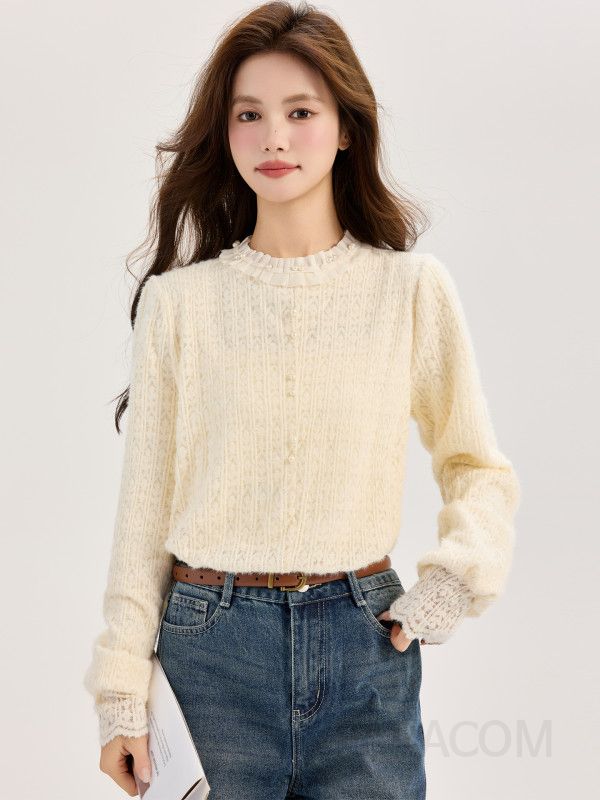 여성 데일리 무드 기모 꽈배기 라운드넥 진주 레이스 커프스 긴팔 니트 티셔츠 오피스룩 직장인룩 하객룩 포근한 - 상세 이미지 3