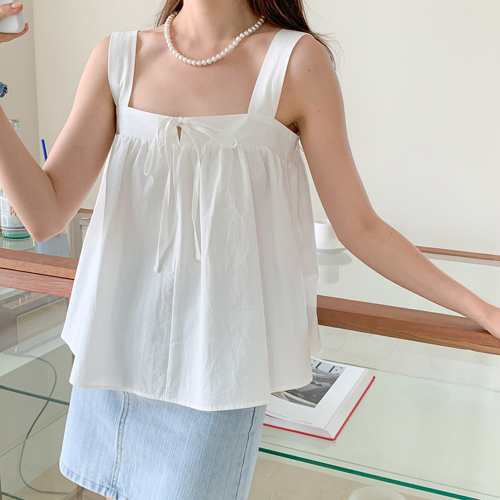 스퀘어넥 끈나시 리본 여성 블라우스 여자 셔링 여름 블라우스 민소매블라우스 블랙 화이트 - 상품 이미지