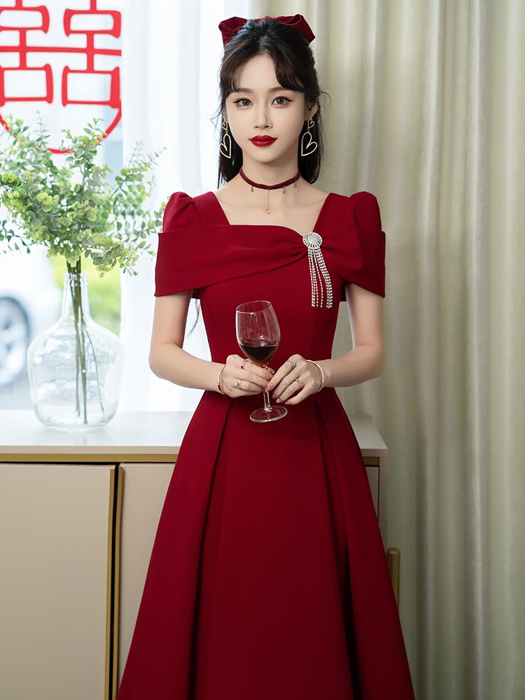 결혼식 원피스 스몰웨딩 촬영용 피로연 드레스 셀프웨딩 와인레드 미디 s - 상세 이미지 3