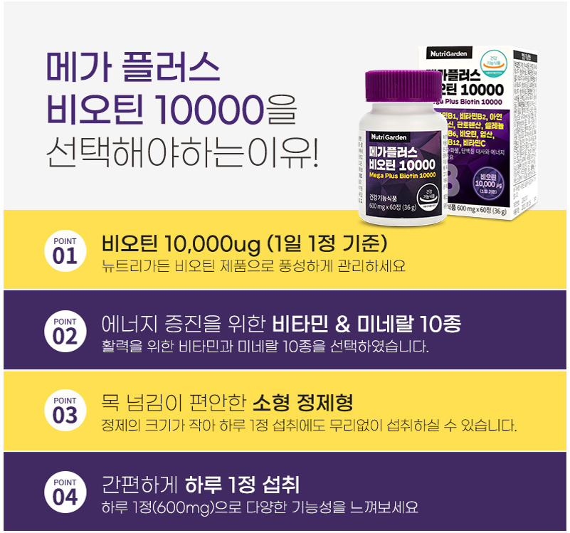 (1+1) 뉴트리가든 메가플러스 비오틴 10000 600mg x 60정 - 상세 이미지 3