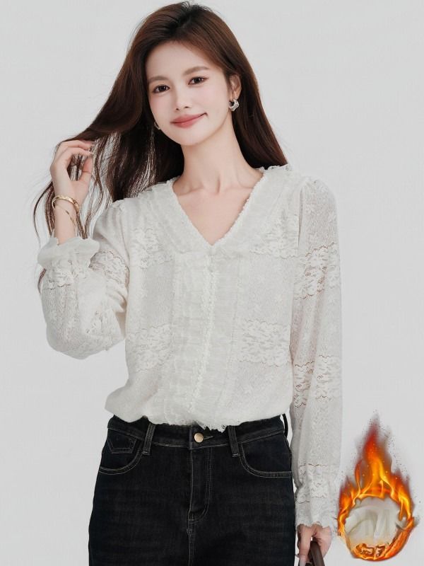 여성 페미닌 무드 기모 안감 레이스 프릴 디테일 브이넥 루즈핏 롱슬리브 셔츠 블라우스 - 상세 이미지 2