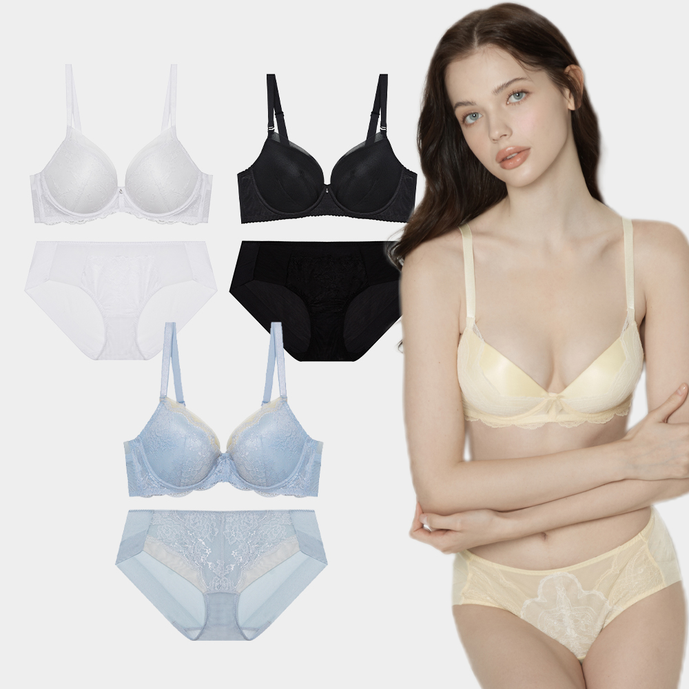 [3SET][단독]에블린 노와이어 레이스 볼륨 브라 팬티 세트 제품 이미지