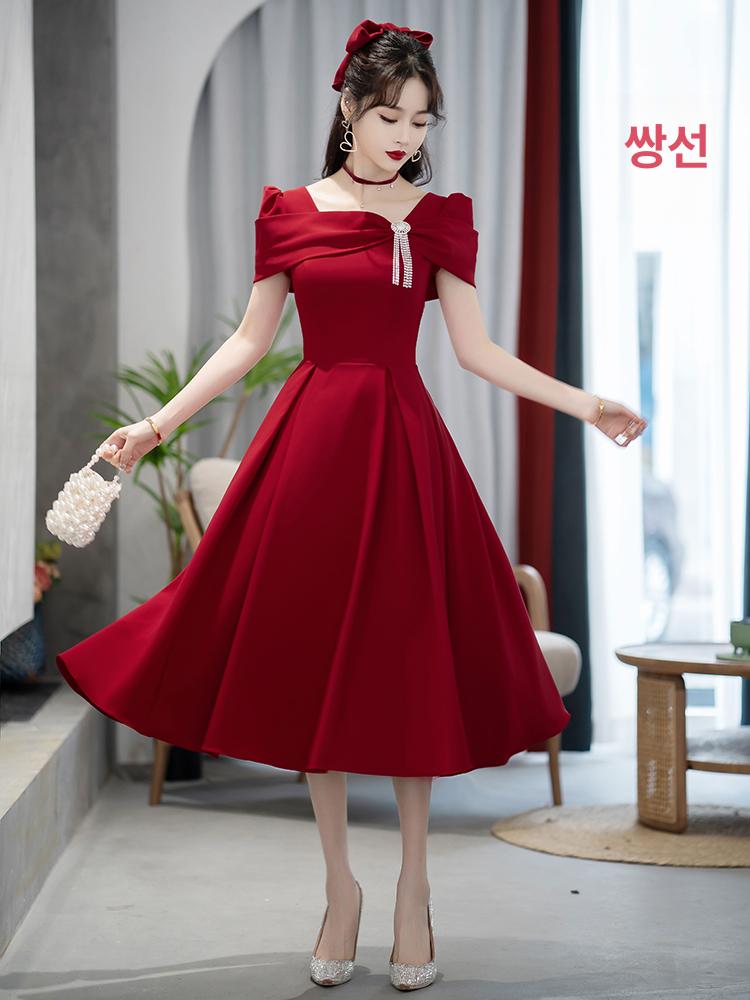 결혼식 원피스 스몰웨딩 촬영용 피로연 드레스 셀프웨딩 와인레드 미디 s - 상세 이미지 4