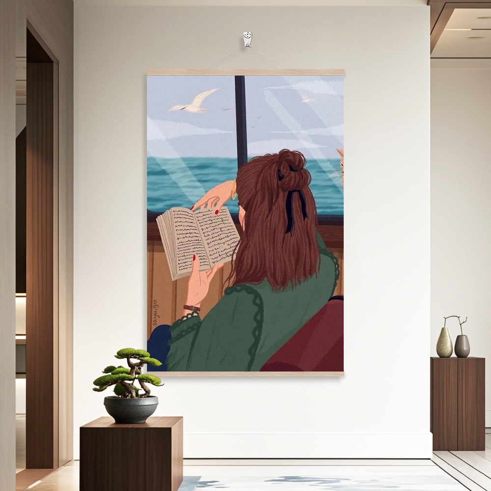 디자인 거실 액자 독서하는여인 모던 감성 북유럽 일러스트 그림 고급 캔버스 블랙 프레임 - 상세 이미지 4