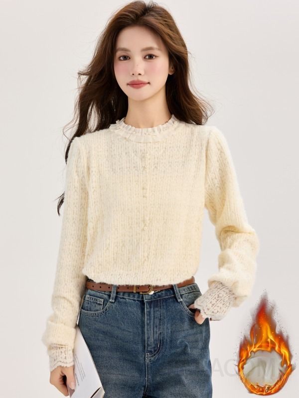 여성 데일리 무드 기모 꽈배기 라운드넥 진주 레이스 커프스 긴팔 니트 티셔츠 오피스룩 직장인룩 하객룩 포근한 - 상세 이미지 2