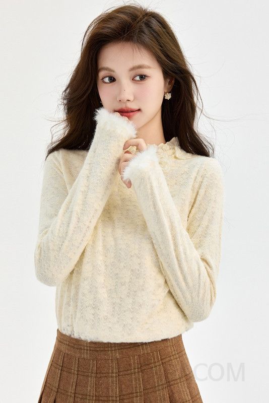 여성 페미닌 무드 기모 폴리에스터 하이넥 퍼커프스 레이스 블라우스 티셔츠 레이어드 데일리 이너 슬림핏 이미지 6
