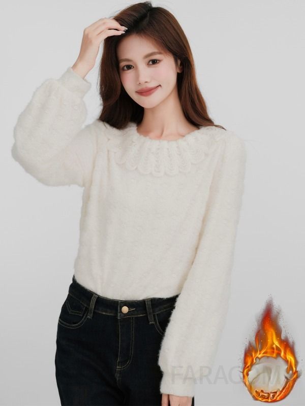 여성 데일리 러블리 페미닌 루즈핏 기모 레이스 칼라 자수 퍼프 소매 벌룬 니트 블라우스 티셔츠 레이어드 코디 오피스룩 - 상세 이미지 5
