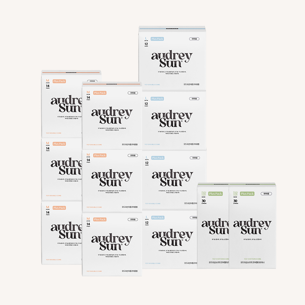 오드리선 더블코어 유기농 순면 생리대 TCF 비건 중형 6+대형 4+팬티라이너 2팩 제품 이미지