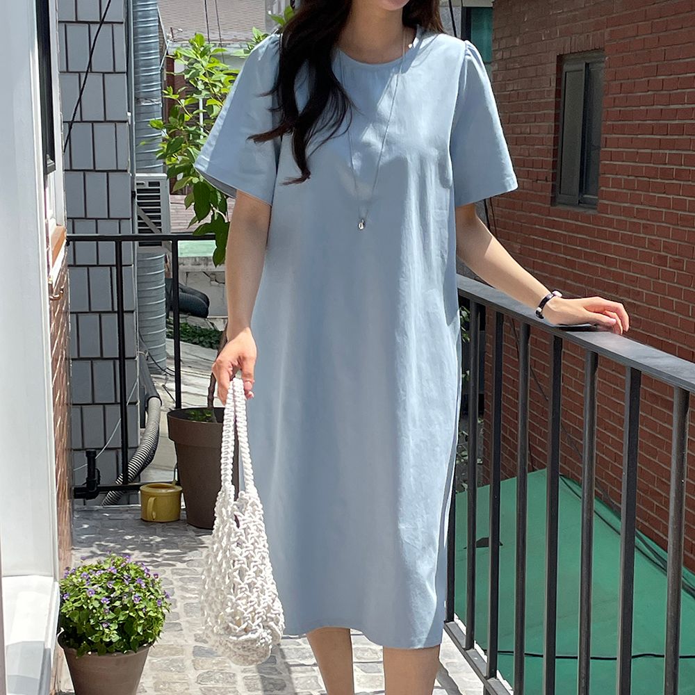 캐주얼 면 루즈핏 셔링 소매 맥시 반팔 롱 원피스 여름 원피스 여성 H라인 데일리룩 - 상세 이미지 2